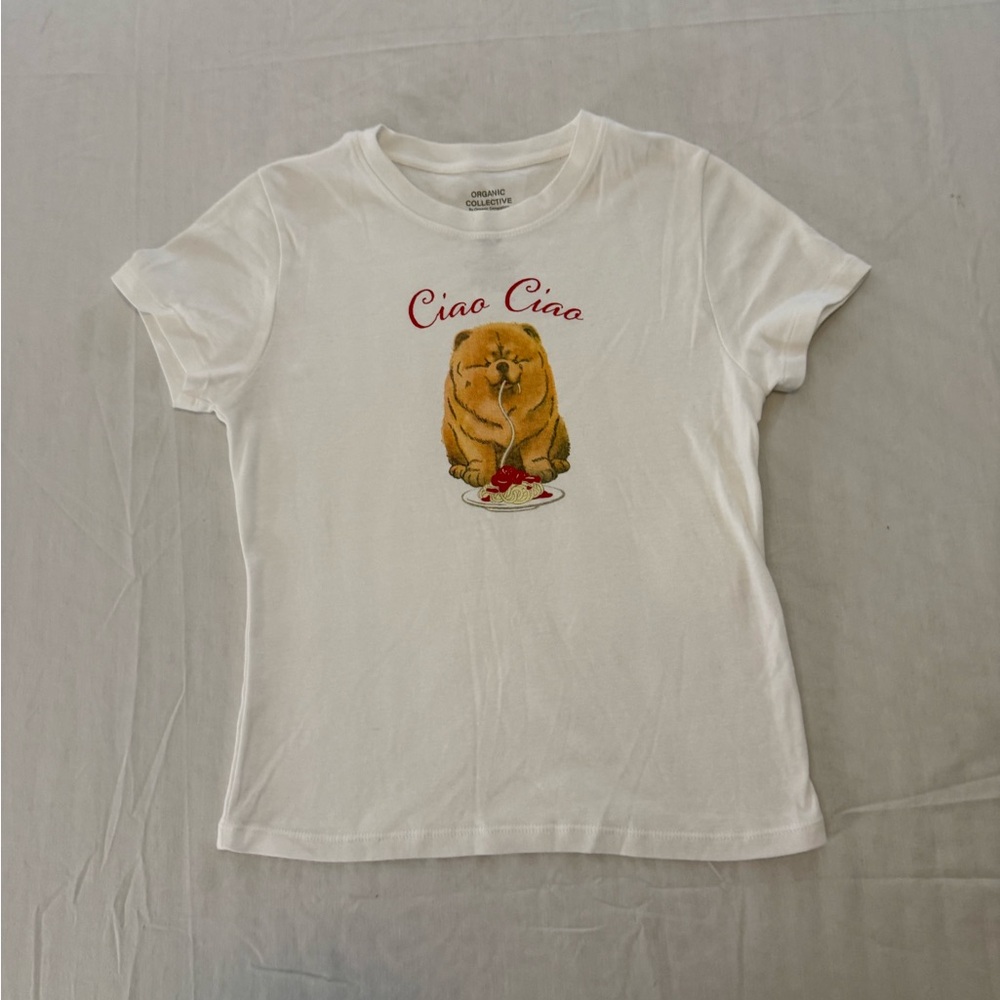 Organic Collective “Ciao Ciao” Graphic T-Shirt Chow Chow Dog Spaghetti Print - M